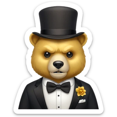 Oso dorado con sombrero elegante y moño negro enojado animatronico sticker