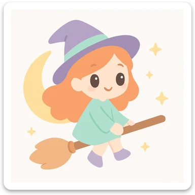 a ginger witch flying on a broomstick, orange hair flowing, crescent moon background, whimsical and cute style sticker