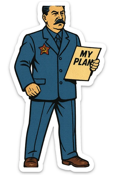 A full body image of a political leader who looks like Joseph Stalin and who is wearing a blue suite with a large badge of the communist party on his jacket.  He will hold a sheet of paper with the word 'My Plan' on it. sticker