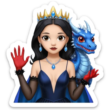 relaxed low cut back silk black evening gown with see-through gloves, Jenna Ortega as Addams woman prom queen wearing a mini tiara, very large blood blue evil-looking horned old dragon companion sticker