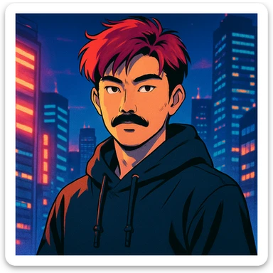 Asian man with black mustache, red hair, black hoodie, in retro-futuristic 80's anime style, city lights background sticker