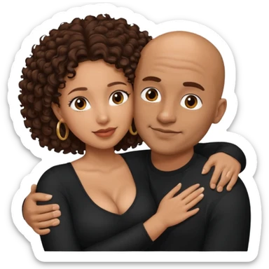 A mixed girl, the girl is wearing a black shirt, the girl has brown curly hair  and the girl has big boobs. A Mexican man is embracing her, with bald hair and clean shaven sticker