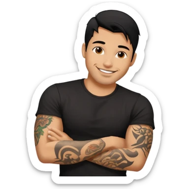 A man in tattoos handsome with flirty smile till legs black hair, bristle  sticker