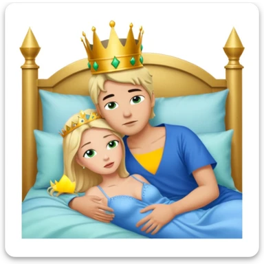 Blonde Queen with crown, Green eyes, naked, kissing man, naked, without crown, black hair, blue eyes, whole Body, Background sleeping room  sticker