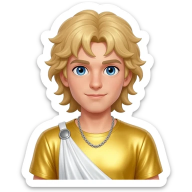 Apollo from Greek Mythology with blue eyes, long blonde hair, yellow metallic shirt, white metallic baggy pants, silver necklace sticker