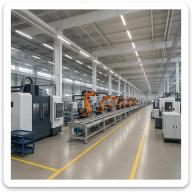 a modern manufacturing factory interior with large machinery and assembly lines, clean and organized industrial environment, suitable for branding sticker