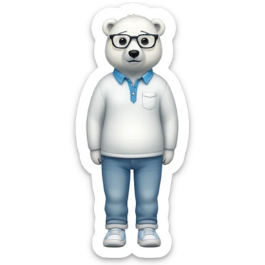 friendly anthropomorphised polar bear standing upright, looking relaxed, wearing a shirt, jeans, trainers, extravagant glasses sticker
