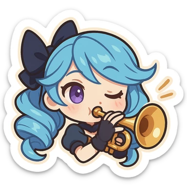 chibi style emote of Gwen from League of Legends, just the head, right eye purple, playing a trumpet sticker