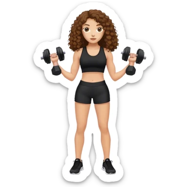 white woman with long brown curly hair in black top and shorts holding dumbbell sticker