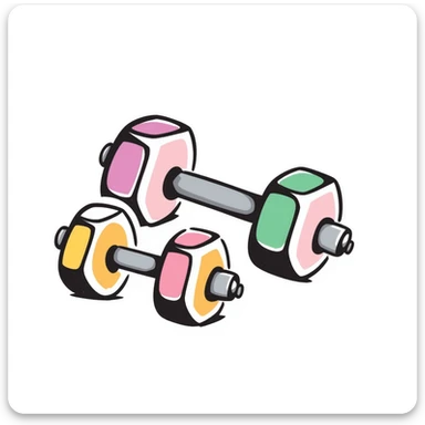 A set of fitness dumbbells with hexagonal ends in pastel colors (dd9fb0, ffc6d3, a3bfc9, c4bee2, f1b091), hand-drawn doodle style sticker