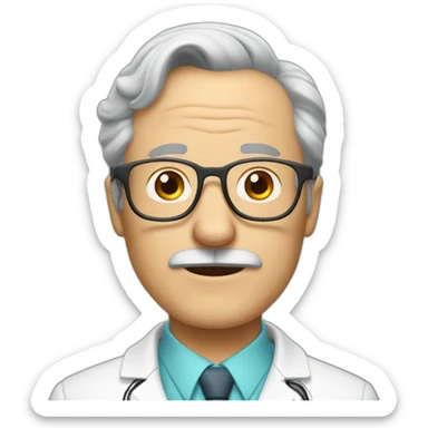 gray-haired doctor with a receding hairline, glasses and a mustache sticker