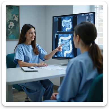 Hyperrealistic 4K image of a woman in a clinic gown during a colonoscopy consultation, pointing to a map of abdominal inflammation, while a doctor shows her endoscopic images of ulcerated intestines, medical office environment, clear details, professional atmosphere sticker