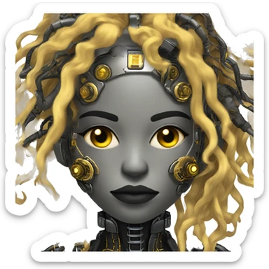 black metal female cyborg head with circuitry and yellow gold curly hair sticker