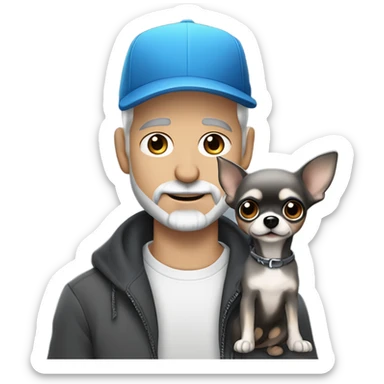 Handsome blue eyed man, with grey hair,  and grey goatee beard, wearing ball cap, holding ‘a black long hair chihuahua’ sticker