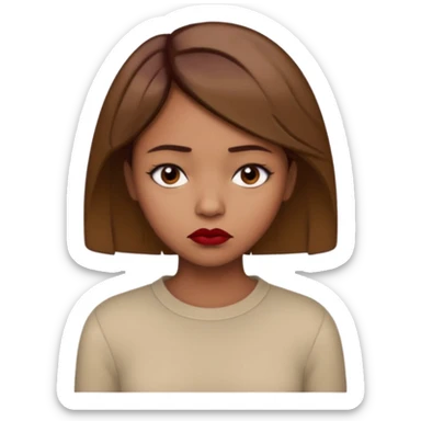 a brown girl with short light brown hair wearing a beige full sleeve and looking sad. dark red lip sticker