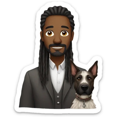 man with dreadlocks, mustache and goatee alongside a brindle colored dutch shepherd dog sticker