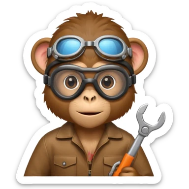 Curious monkey with goggles, holding a wrench or small gadget. sticker