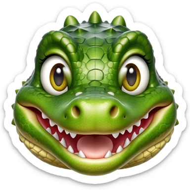 Cinematic Realistic Cute Crocodile Portrait Emoji, Head tilted playfully and inquisitively, featuring a robust, well-defined build with intricately detailed, glossy olive-green scales and a surprisingly endearing face with round, sparkling eyes full of unexpected charm, rendered with lifelike texture and natural highlights, high shine, affectionate and spirited, styled with a touch of wild whimsy, soft glowing outline, capturing the essence of a mischievous yet lovable crocodile that seems poised to snap playfully out of the screen into your arms! sticker