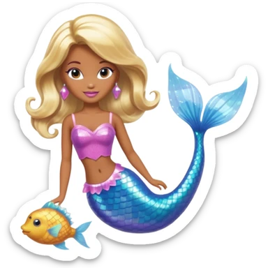 Brown skin blonde hair barbie mermaid with holographic tail  with pufferfish sticker
