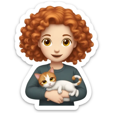 Pale skin Red hair curly girl holding tabby cat sticker