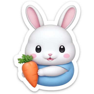 A fat bunny character in Sanrio style, large head with big round eyes, blushing cheeks, small mouth, minimal facial features, tiny spikes, pastel pink and blue colors, clean bold outlines, rounded shapes sticker