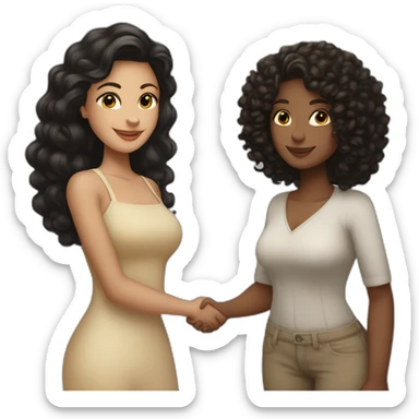 tan curvy woman with black curly hair shakes hands with a curvy pale woman who has straight light brown hair sticker