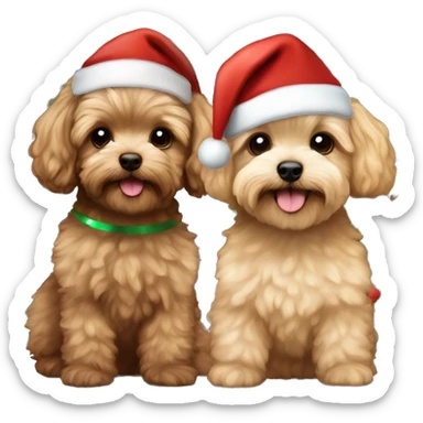Brown, beige colored Maltipoo with Christmas hat and Christmas tree Christmas lights and a brown haired boy and blond long haired girl human in the background  sticker