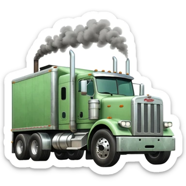 light green Peterbilt truck hauling a trailer, with smoke from exhaust sticker