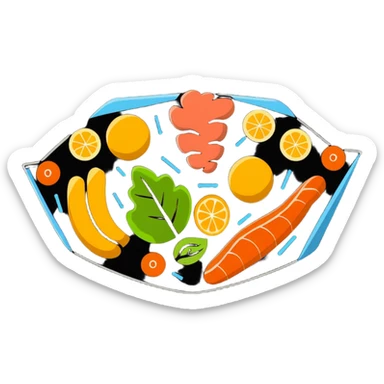 Vibrant muscle fibers in the center, with protein foods (meat, egg, beans, tofu, yogurt) connected together in a unified chain or cluster, floating together around the muscle fibers like a connected orbital ring. sticker