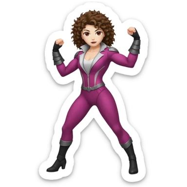 full body woman short curly brown mullet brown eyes white skin muscular build thorn berry rogue suit sticker