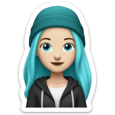 White girl, blue eyes, long teal hair, purple beanie hat, black hoodie sticker