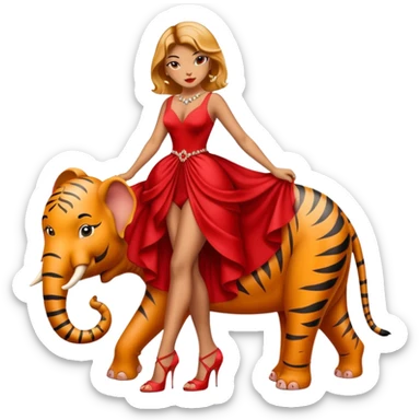 Tigre femmina a due zampe elefante con tacchi e vestiti da sera elegante rosso sticker