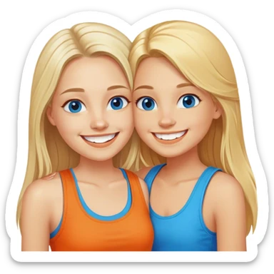 Two girls both have long blonde hair posing cheek to cheek with one girl wearing an orange shirt and the second girl wearing a tank top both have bright white teeth and smiling both have beautiful blue colored eyes sticker