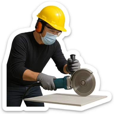 a person using a disc grinder to cut a porcelain tile, clear action, safety gear visible, modern setting, no background sticker