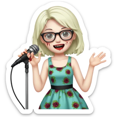 singer, Zombie girl, super happy, wearing dress, singing to mic, glasses sticker