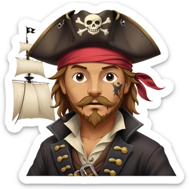 clash-of-clans-aesthetic_-cinematic-focused-pirate-bust-portrait-emoji, head slightly tilted with a determined, roguish expression and bold features, featuring a compact, spirited build with a jaunty hat and quirky bandana on tan skin, at the helm of a grand sailing ship complete with billowing sails and a tattered Jolly Roger flag fluttering dynamically in a tempestuous sea breeze. sticker