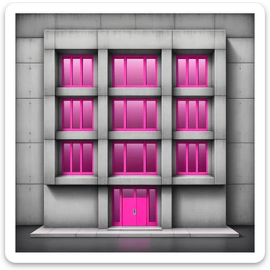 Wide brutalist concrete building with a central bright pink window surrounded by multiple regular windows sticker
