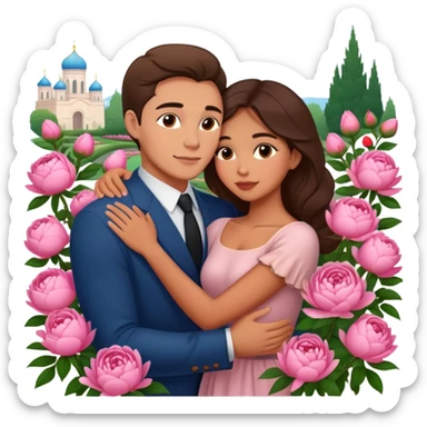 couple hug with warm Latina girl and russian man elegant peonies garden roses  sticker