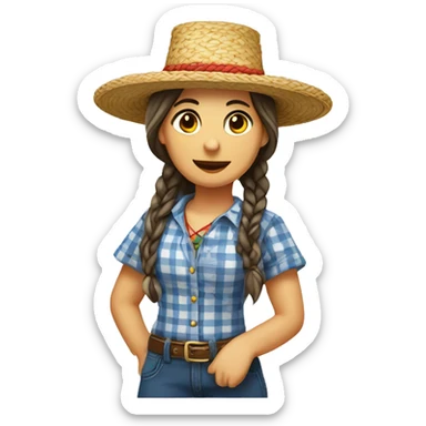 Festa Junina country woman with straw hat, braided hair, checkered clothes, white skin sticker