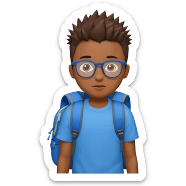 a boy with spikey short brown hair and blue eyes, glasses, backpack sticker