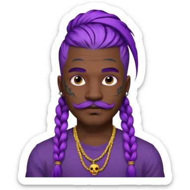 big lose braids starting from the top of the head man with mustache face wiith big visible braids and lots and lots of face tattoos colored tattoos like a tattoo artist hair unique color sticker