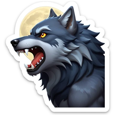 cinematic-noble-fierce-werewolf-howling-portrait-emoji, poised-and-imposing, with a fierce wolfish face tilted upwards in a haunting howl, glowing eyes full of primal ferocity, sharp, and a rugged snout, fur rippling in shades of midnight black and silver, muscles tensed as the powerful howl echoes beneath the moonlit sky; rendered with realism, capturing the raw, untamed power of the beast in its wild, primal state sticker
