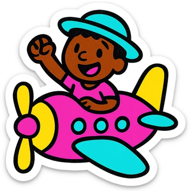 brown male wearing a hat sitting on an aircraft, vibrant and clear, suitable for an emoji or icon sticker