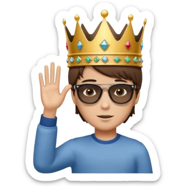Un niño con cabello lacio no muy largo color marrón castaño,ojos marrones,piel no muy blanca, que tenga lentes de sol color negro,reloj en la mano derecha y una corona como sombrero sticker