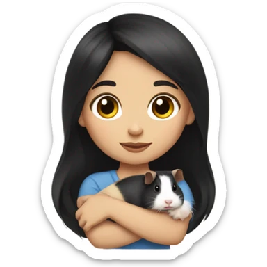 Little light skin girl with black hair holding a Guinea pig sticker