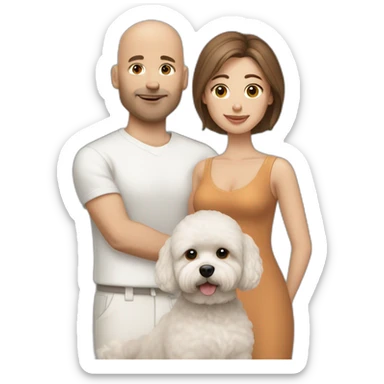 a bald man and long brown straight haired woman with white maltipoo sticker
