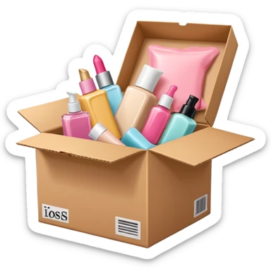 a cardboard box with assorted beauty products like compact, lotion, and nail polish spilling out with a pink background sticker