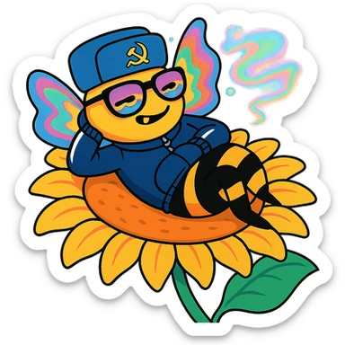 Russian-themed bee with gold tooth, tracksuit, sunglasses, lounging on a sunflower, dreamy spaced-out expression, subtle references to psychedelic colors sticker