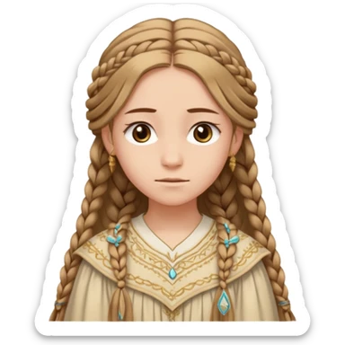 Joven de unos 20 años, de aspecto dulce y elegante.
Piel clara, ojosy expresivos, sonrisa triste.
Rubio o castaño claro, largo, con trenzas o velo.
-Vestido largo de tonos suaves (blanco, azul o lavanda), con bordados dorados; un manto o toca fina cubriendo la cabeza. sticker
