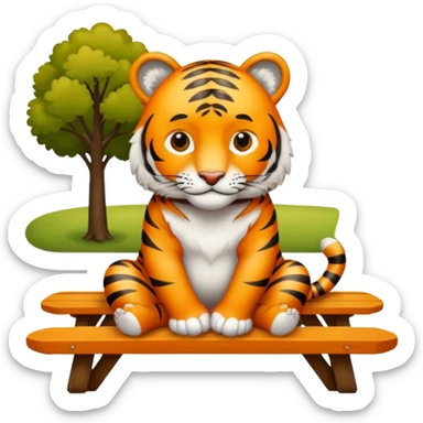 Tiger wearing engagement ring sitting on picnic table sticker